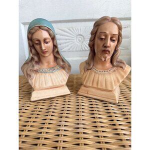 Vintage 60's Ceramic Busts Statues Jesus And Mary Religious Decor